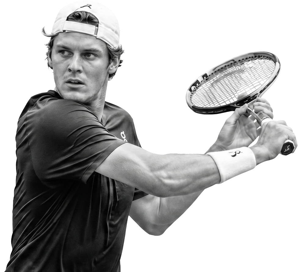 Tennis player striking a two-handed backhand