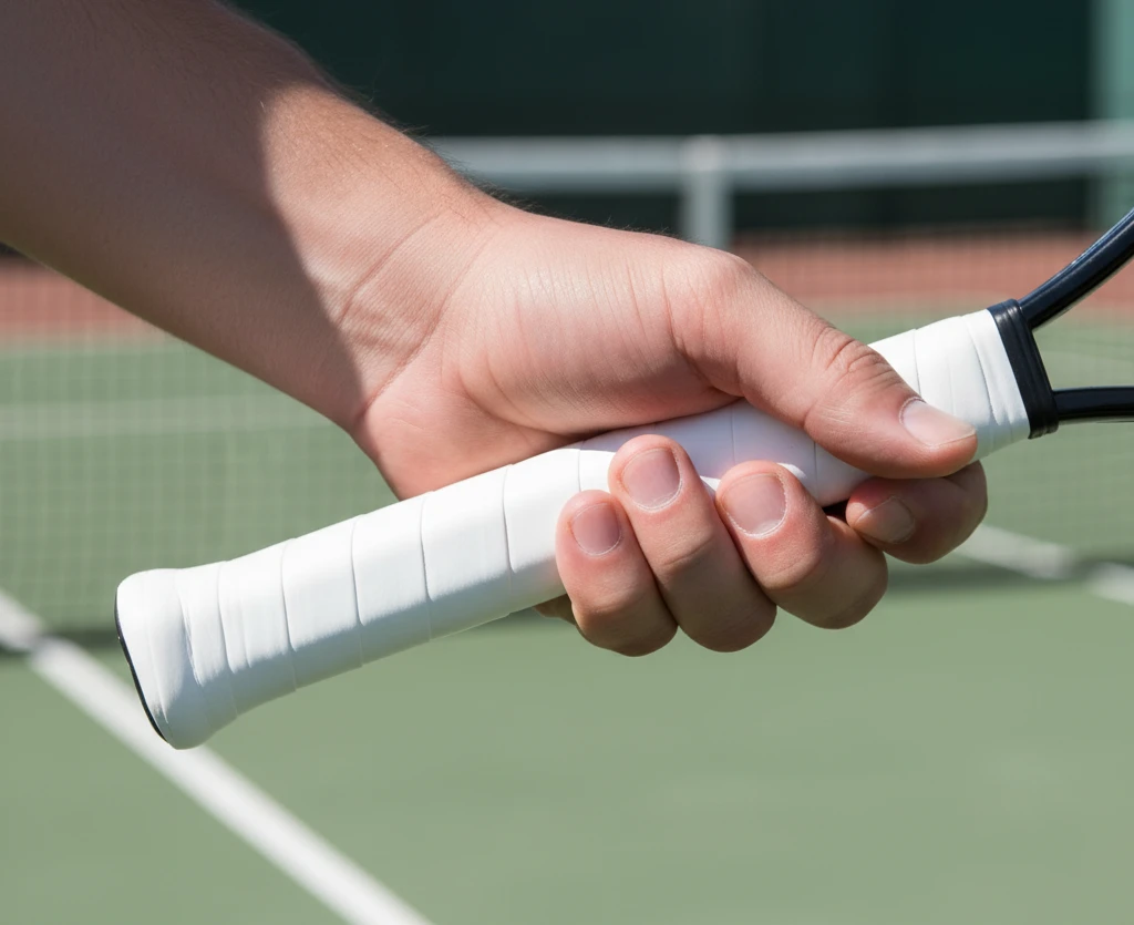 Hand gripping tennis racket handle with white Prime Overgrip on court