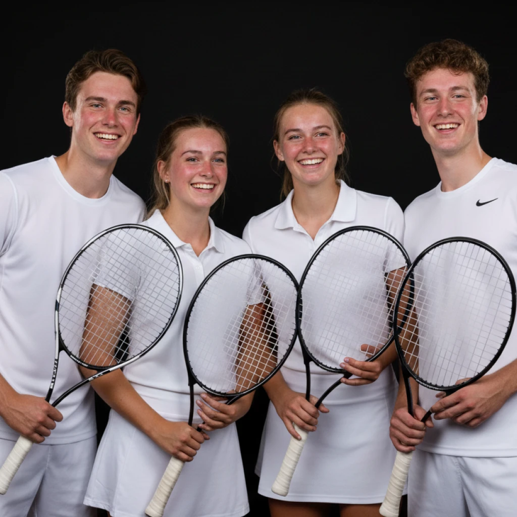 Four tennis players in white attire holding rackets with Prime Overgrips